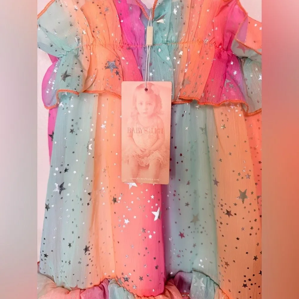 NWT ✨ BABY SARA Kids Ruffle Rainbow Dress with Metallic Stars Size 5